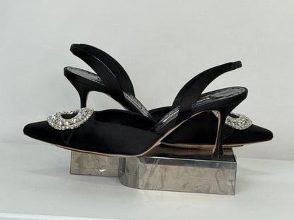 Manolo Blahnik Black Satin Oval Rhinestone Detail Ankle Strap Heels