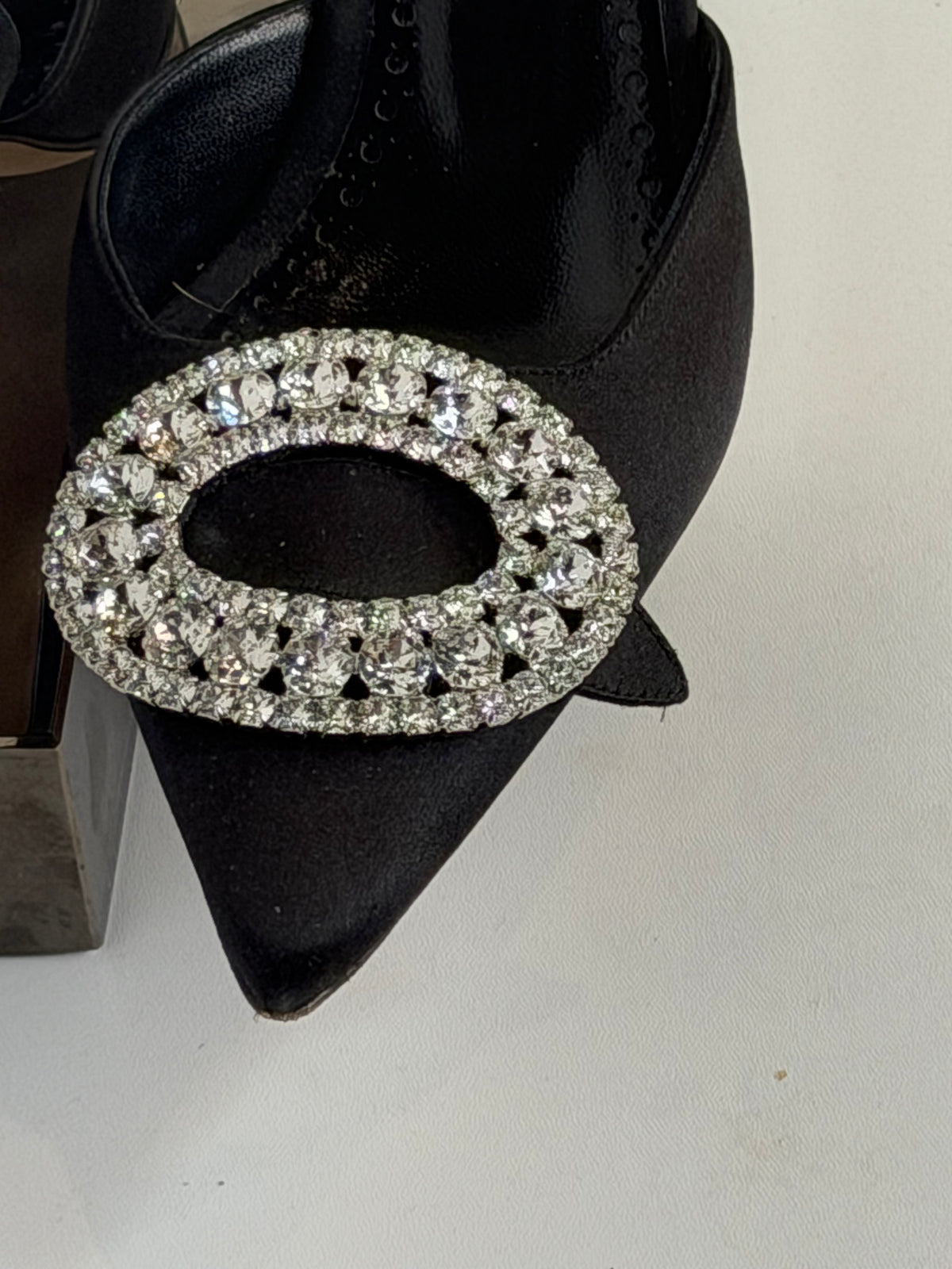 Manolo Blahnik Black Satin Oval Rhinestone Detail Ankle Strap Heels