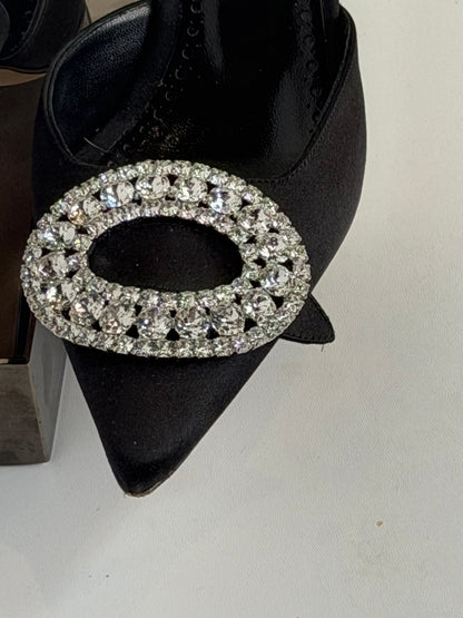 Manolo Blahnik Black Satin Oval Rhinestone Detail Ankle Strap Heels