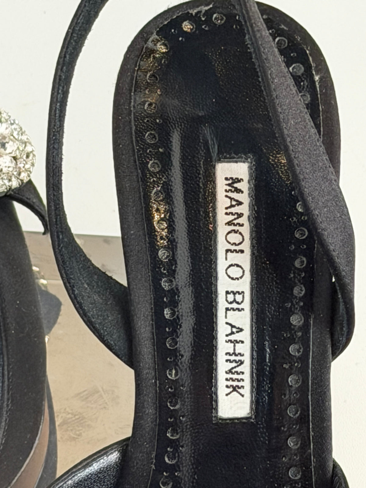 Manolo Blahnik Black Satin Oval Rhinestone Detail Ankle Strap Heels