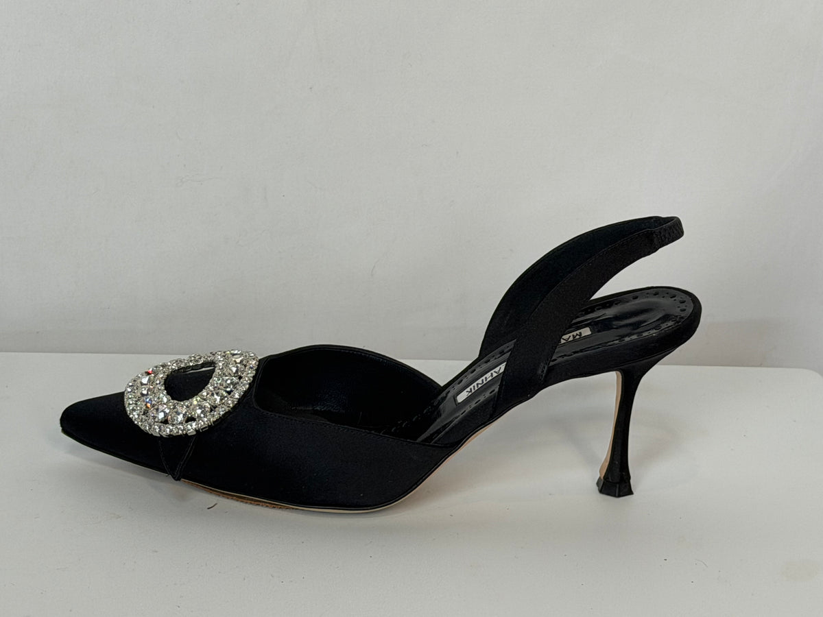 Manolo Blahnik Black Satin Oval Rhinestone Detail Ankle Strap Heels