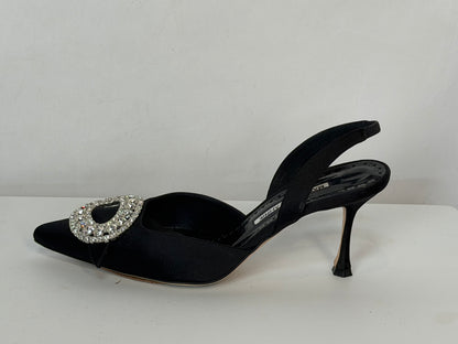 Manolo Blahnik Black Satin Oval Rhinestone Detail Ankle Strap Heels