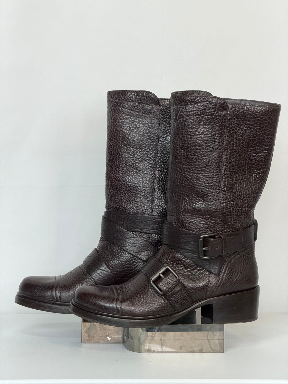 Miu Miu Dark Brown Pebbled Leather Slouchy Mid-Calf Boots w Buckle Detail