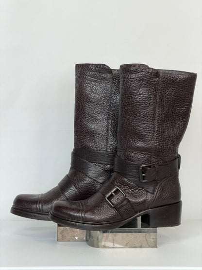 Miu Miu Dark Brown Pebbled Leather Slouchy Mid-Calf Boots w Buckle Detail
