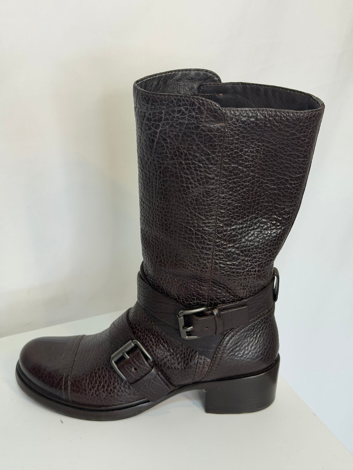Miu Miu Dark Brown Pebbled Leather Slouchy Mid-Calf Boots w Buckle Detail
