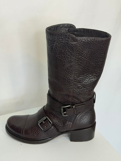 Miu Miu Dark Brown Pebbled Leather Slouchy Mid-Calf Boots w Buckle Detail