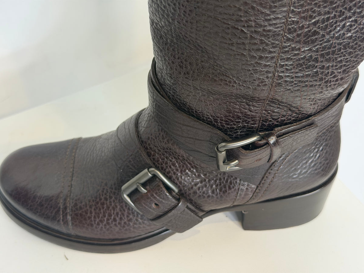 Miu Miu Dark Brown Pebbled Leather Slouchy Mid-Calf Boots w Buckle Detail
