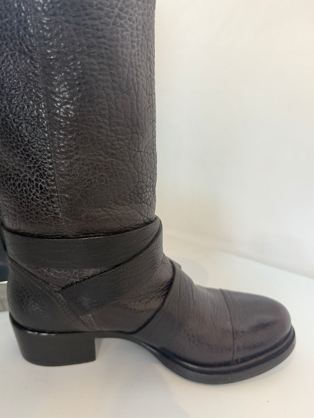 Miu Miu Dark Brown Pebbled Leather Slouchy Mid-Calf Boots w Buckle Detail