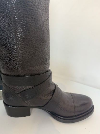 Miu Miu Dark Brown Pebbled Leather Slouchy Mid-Calf Boots w Buckle Detail