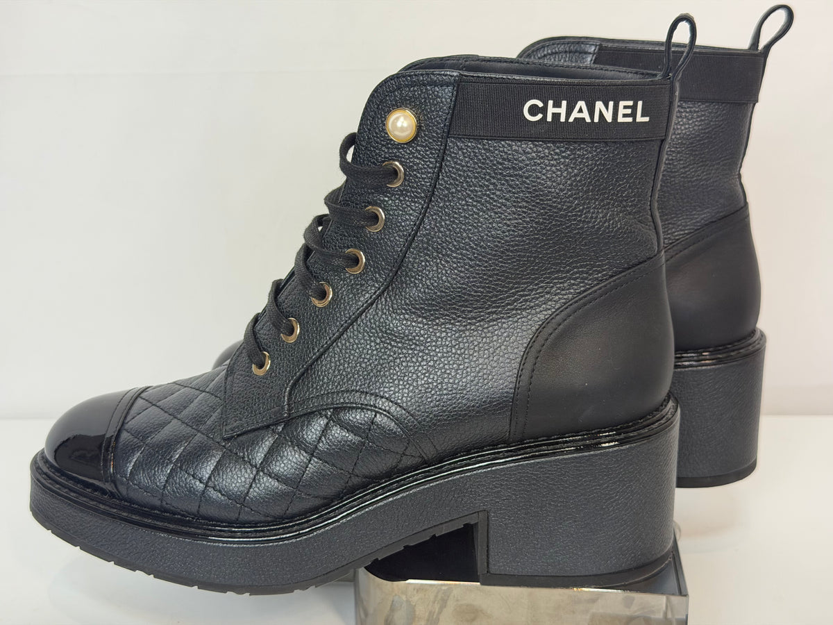 Chanel Black Quilted Leather Pearl Accent Patent Toe Cap Combat Boots