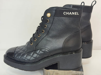 Chanel Black Quilted Leather Pearl Accent Patent Toe Cap Combat Boots