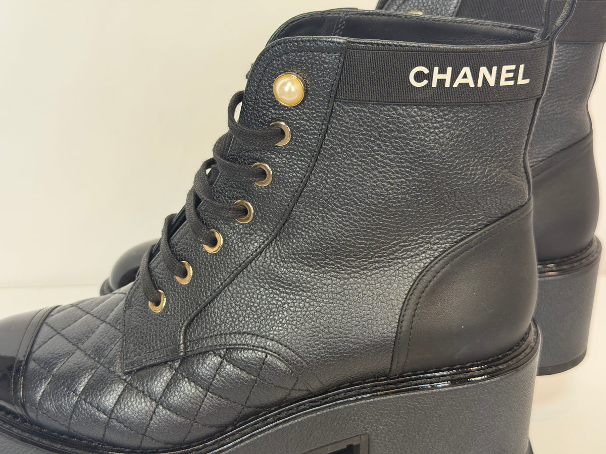 Chanel Black Quilted Leather Pearl Accent Patent Toe Cap Combat Boots