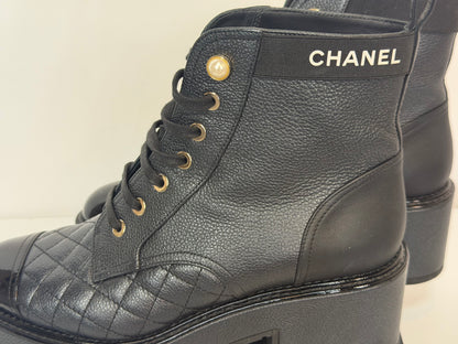 Chanel Black Quilted Leather Pearl Accent Patent Toe Cap Combat Boots