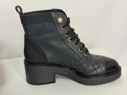 Chanel Black Quilted Leather Pearl Accent Patent Toe Cap Combat Boots