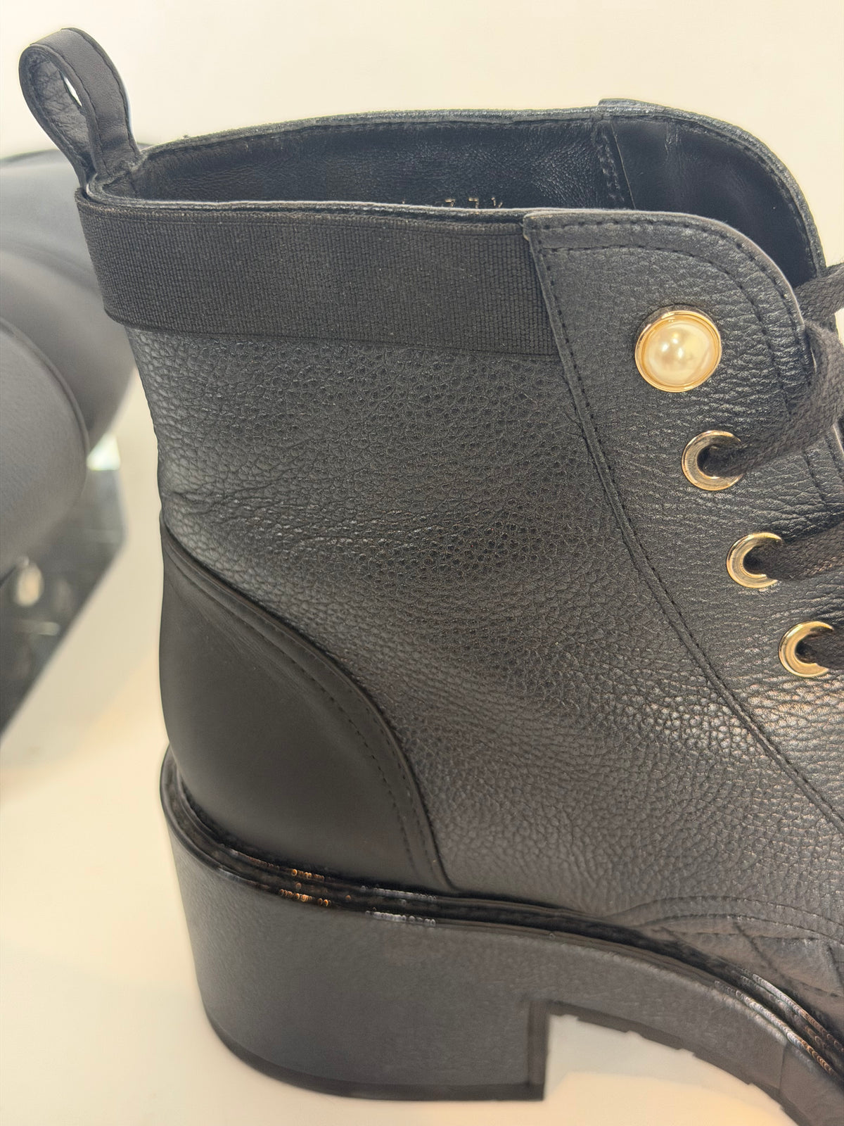 Chanel Black Quilted Leather Pearl Accent Patent Toe Cap Combat Boots
