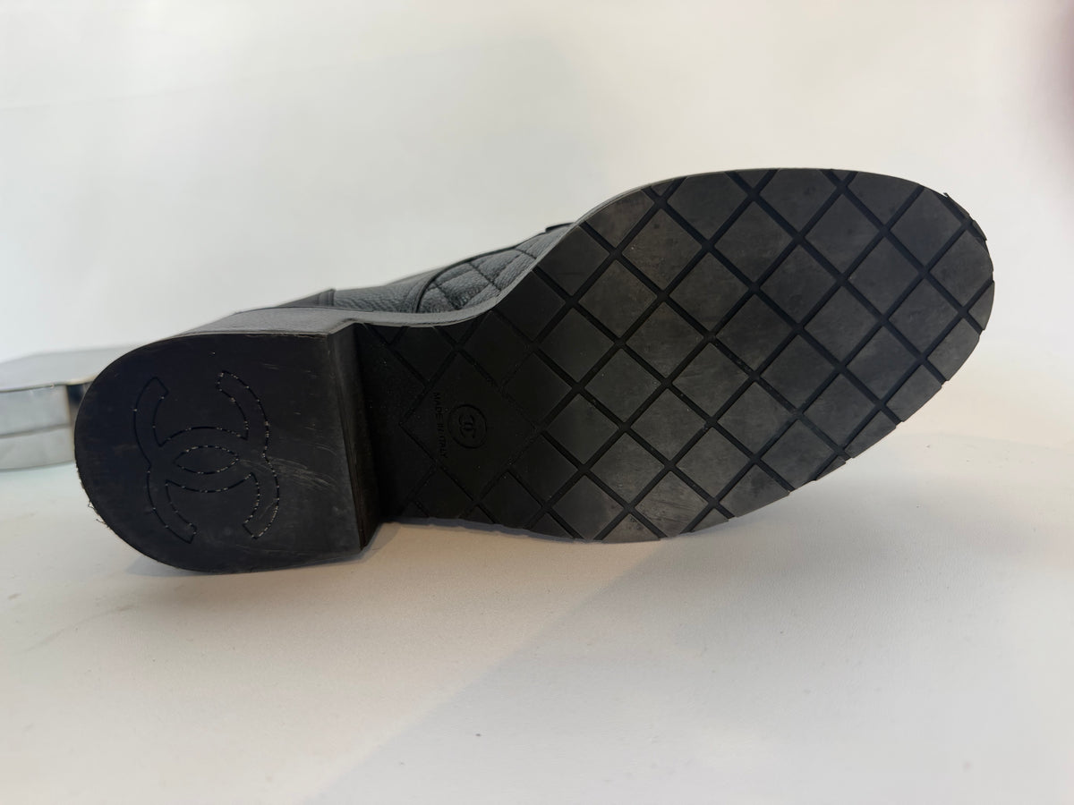 Chanel Black Quilted Leather Pearl Accent Patent Toe Cap Combat Boots