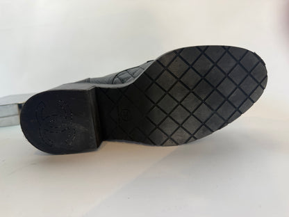 Chanel Black Quilted Leather Pearl Accent Patent Toe Cap Combat Boots