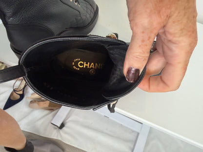Chanel Black Quilted Leather Pearl Accent Patent Toe Cap Combat Boots