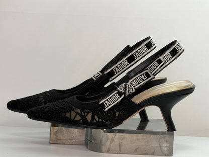 Christian Dior Black Lace Kitten Heel Slingback with J'adior Ribbon