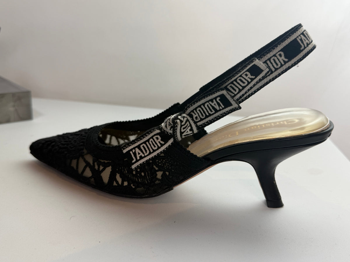 Christian Dior Black Lace Kitten Heel Slingback with J'adior Ribbon