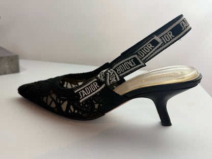 Christian Dior Black Lace Kitten Heel Slingback with J'adior Ribbon