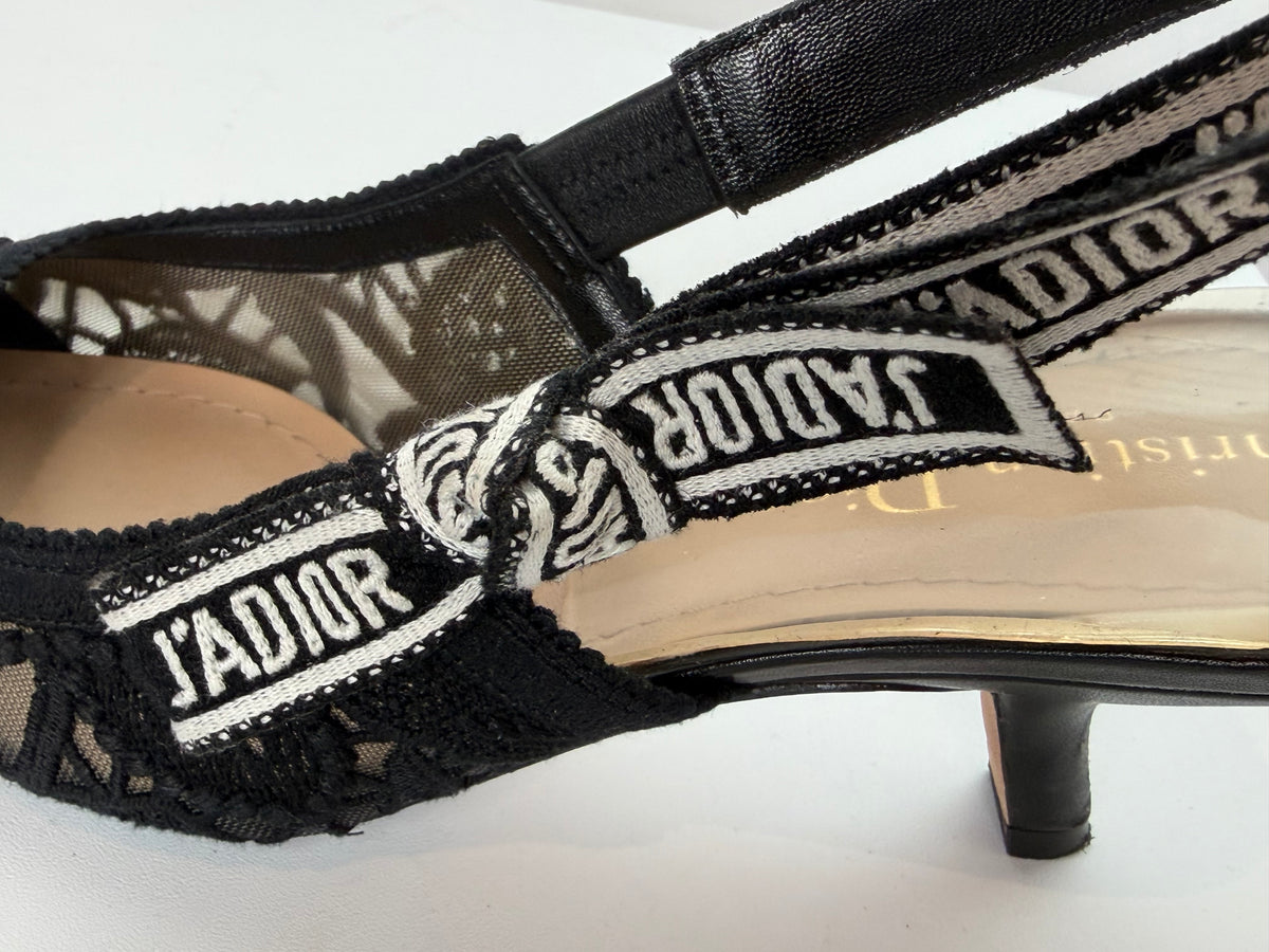 Christian Dior Black Lace Kitten Heel Slingback with J'adior Ribbon