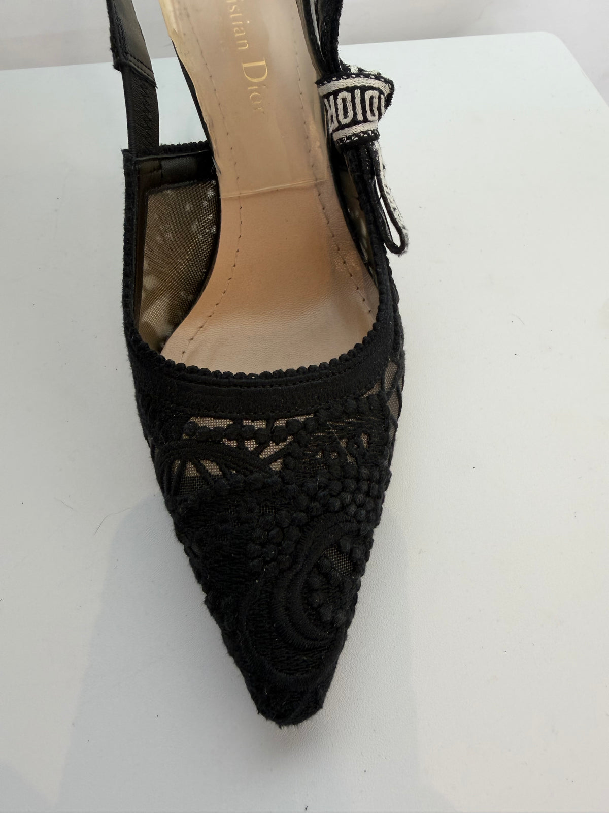 Christian Dior Black Lace Kitten Heel Slingback with J'adior Ribbon