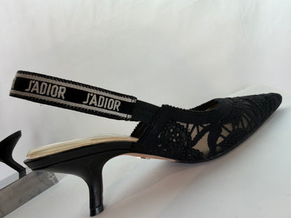 Christian Dior Black Lace Kitten Heel Slingback with J'adior Ribbon