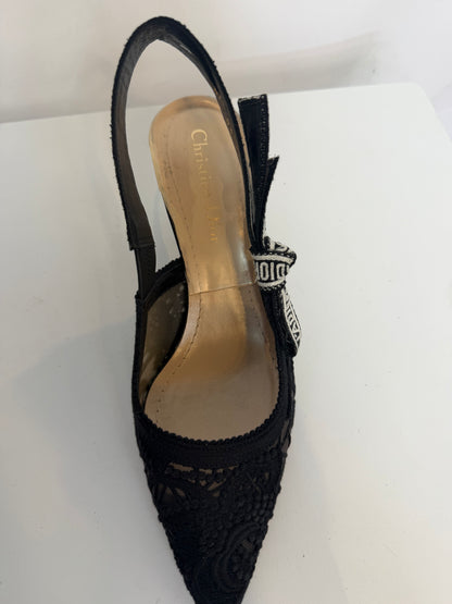 Christian Dior Black Lace Kitten Heel Slingback with J'adior Ribbon
