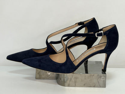 Manolo Blahnik Suede Navy Pointed Toe Cross Straps Heels