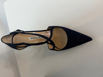 Manolo Blahnik Suede Navy Pointed Toe Cross Straps Heels