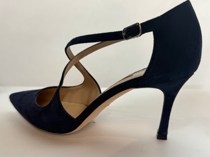 Manolo Blahnik Suede Navy Pointed Toe Cross Straps Heels