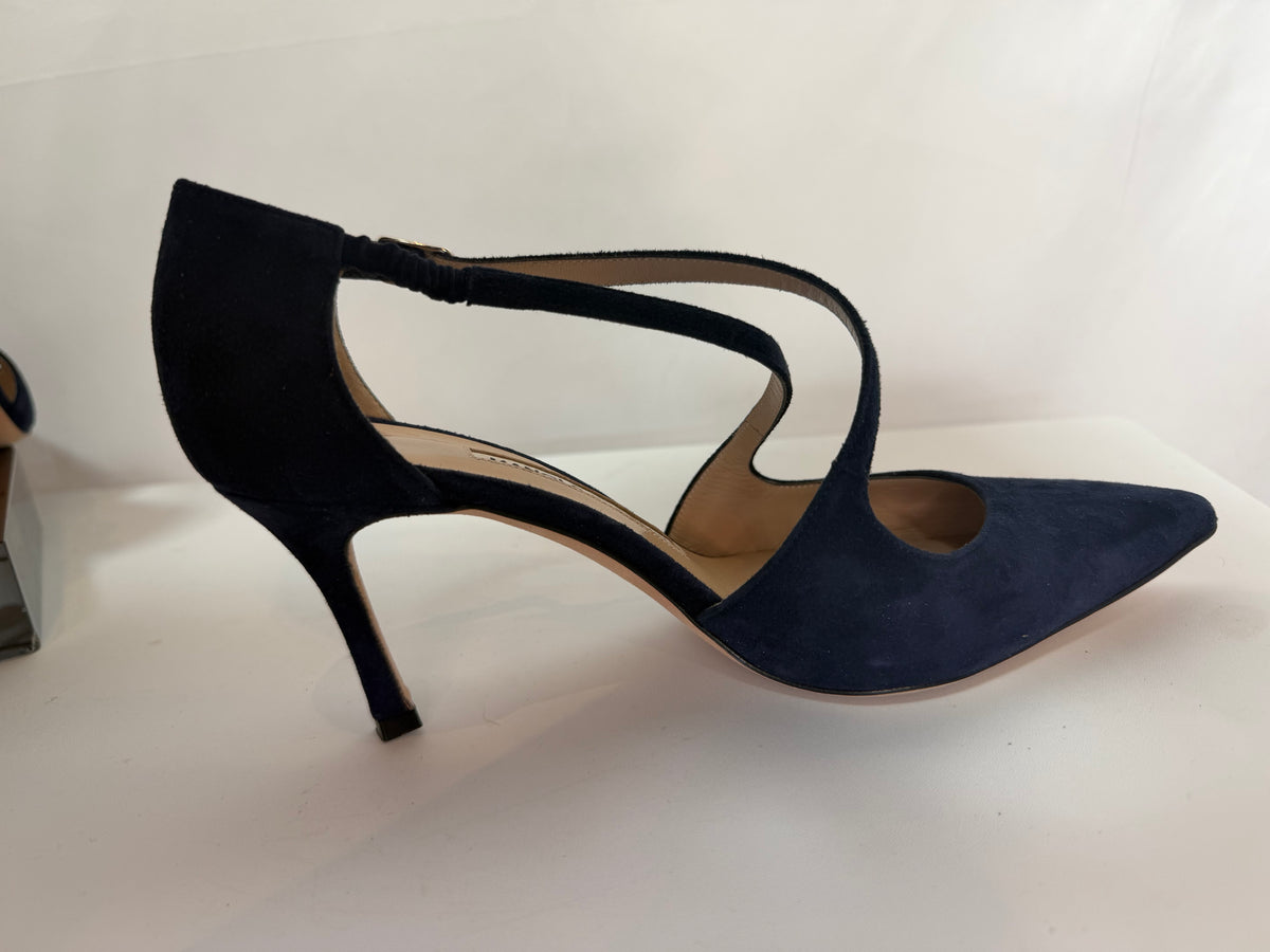 Manolo Blahnik Suede Navy Pointed Toe Cross Straps Heels