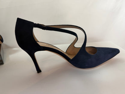Manolo Blahnik Suede Navy Pointed Toe Cross Straps Heels