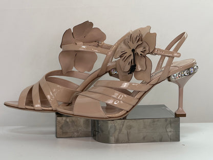 Miu Miu Nude Patent Leather Flower Detail Open Toe Heels