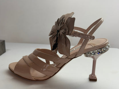 Miu Miu Nude Patent Leather Flower Detail Open Toe Heels