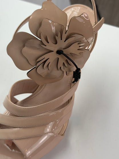 Miu Miu Nude Patent Leather Flower Detail Open Toe Heels
