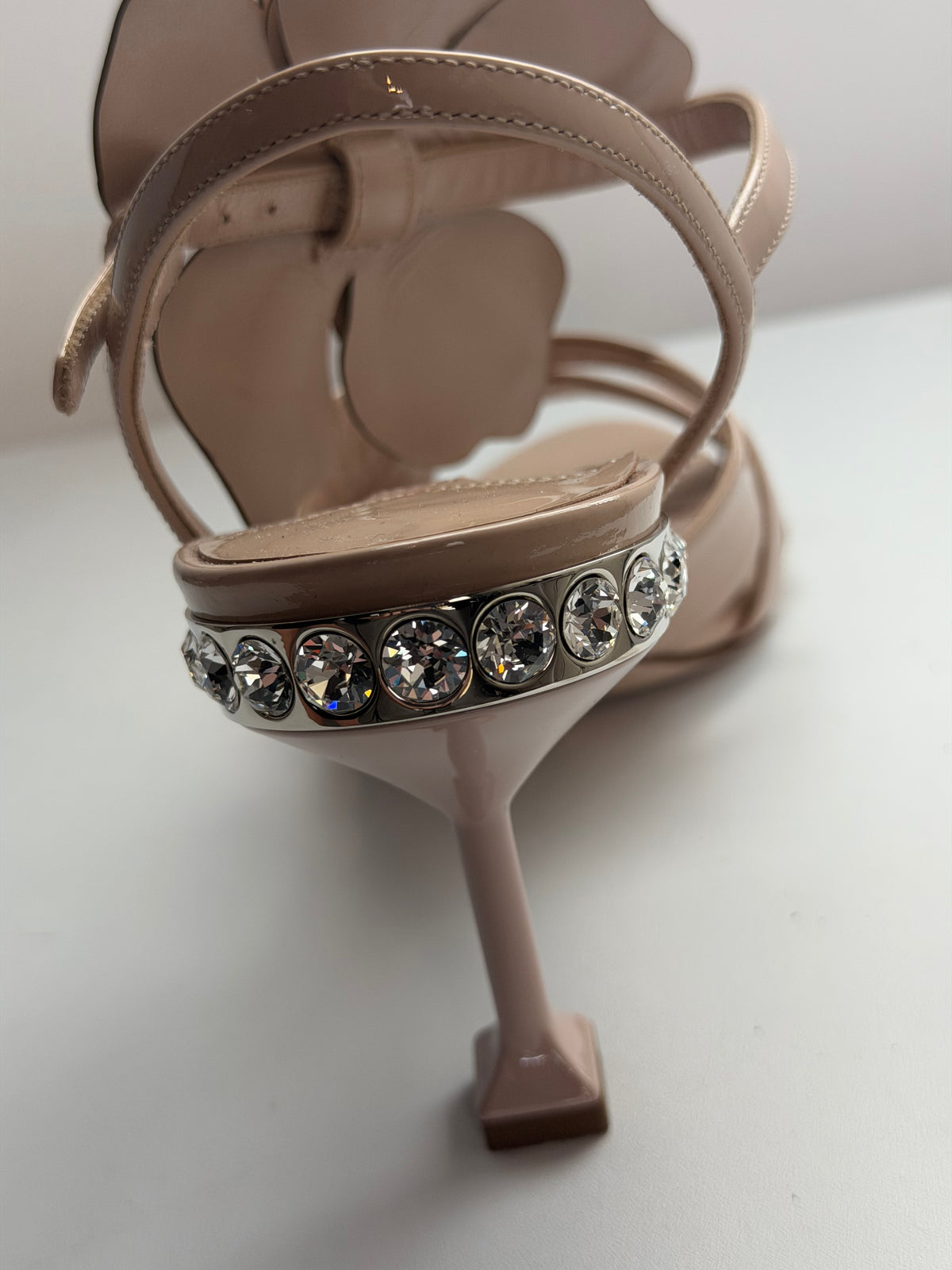 Miu Miu Nude Patent Leather Flower Detail Open Toe Heels