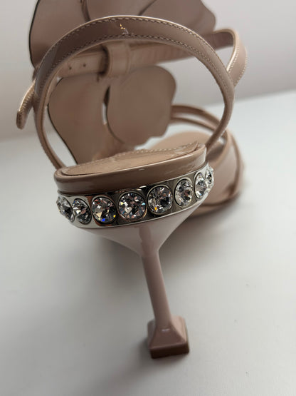 Miu Miu Nude Patent Leather Flower Detail Open Toe Heels