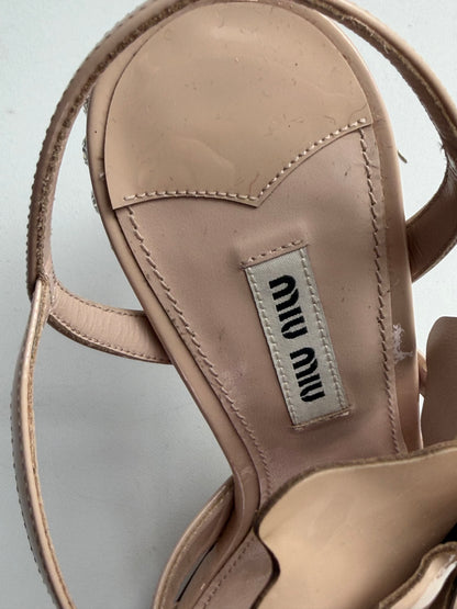 Miu Miu Nude Patent Leather Flower Detail Open Toe Heels