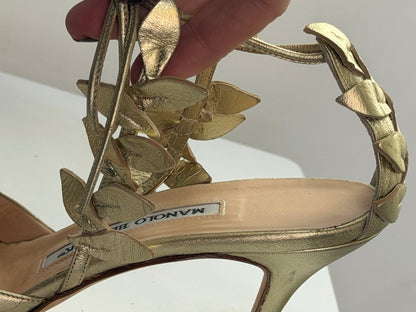 Manolo Blahnik Leather Gold Pointed Toe Leaf Tie-Strap Heels