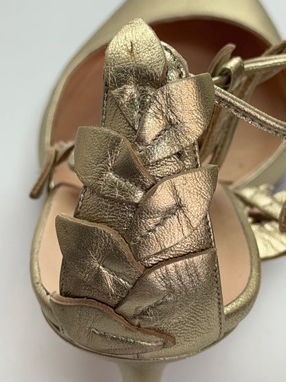 Manolo Blahnik Leather Gold Pointed Toe Leaf Tie-Strap Heels