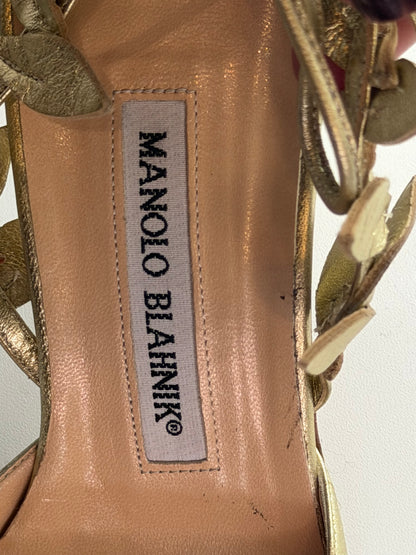 Manolo Blahnik Leather Gold Pointed Toe Leaf Tie-Strap Heels