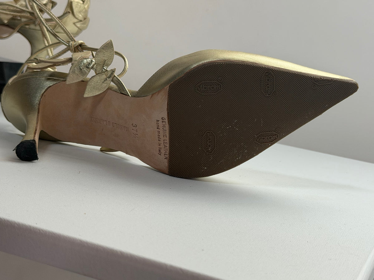 Manolo Blahnik Leather Gold Pointed Toe Leaf Tie-Strap Heels