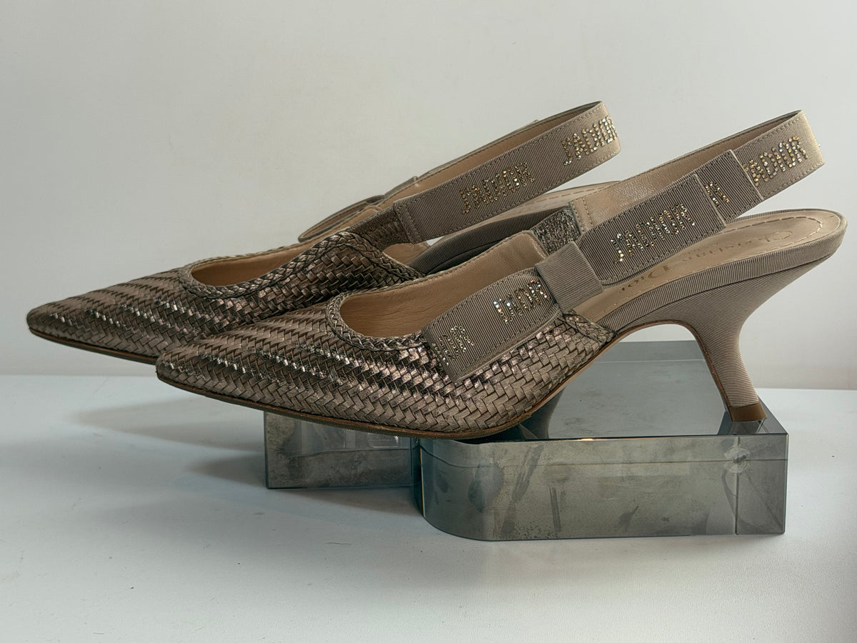 Christian Dior Woven Leather Rose Gold Pointed Toe Slingback Heels