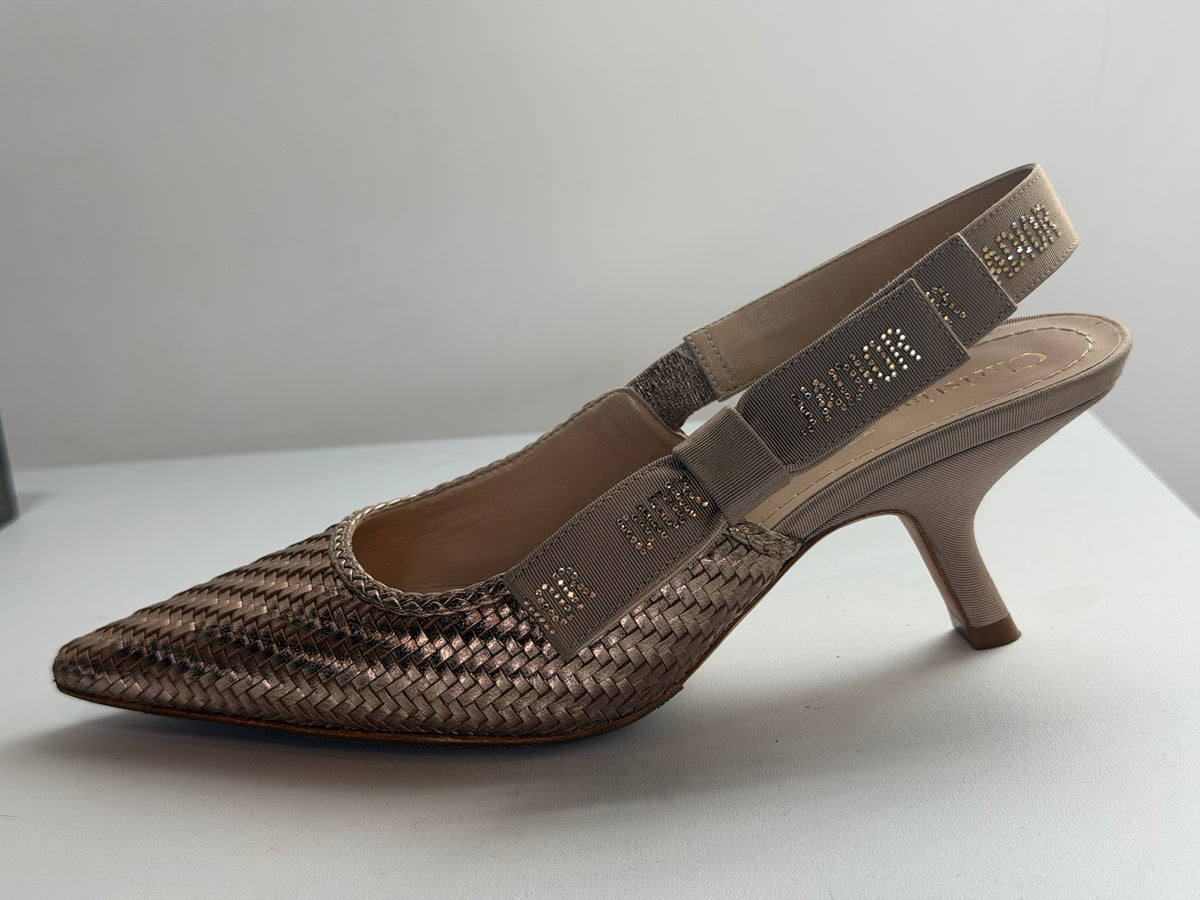 Christian Dior Woven Leather Rose Gold Pointed Toe Slingback Heels