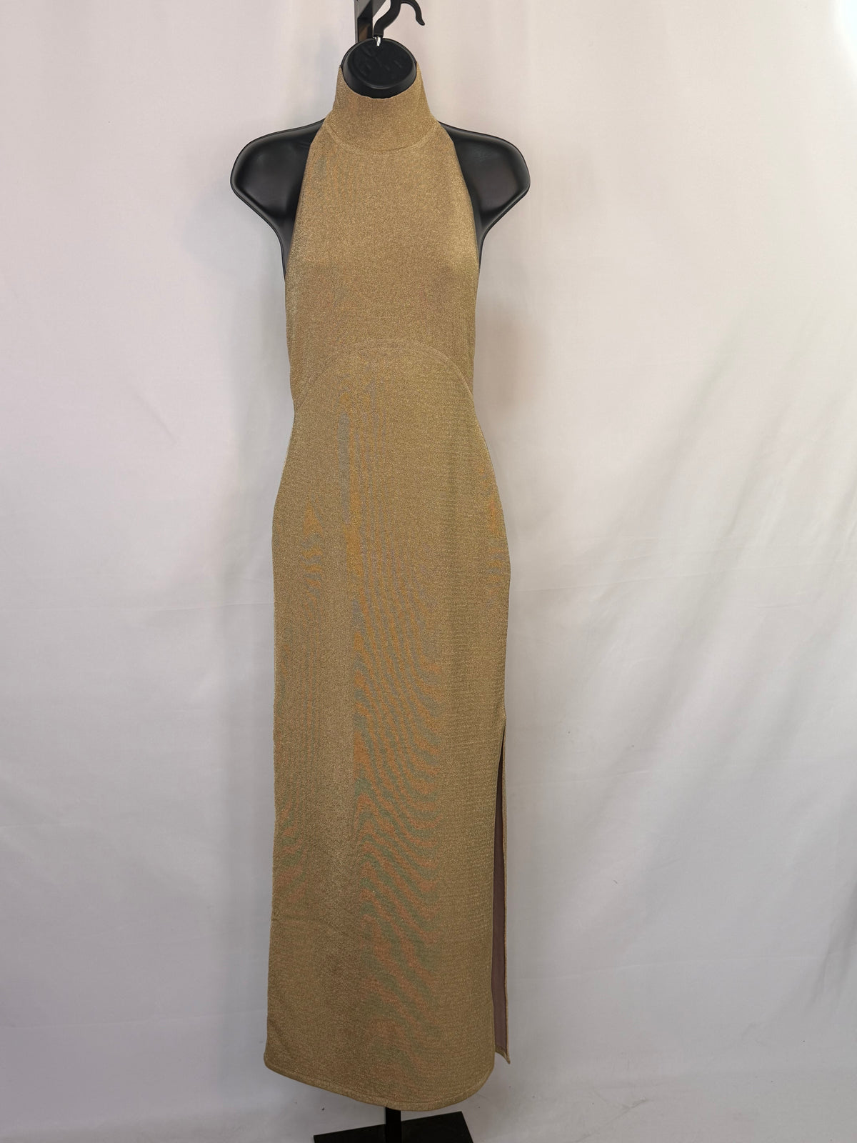 Herve Leger Gold Sparkle Halter-Turtleneck Open Back Midi Dress NWT