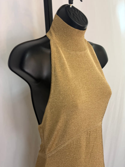 Herve Leger Gold Sparkle Halter-Turtleneck Open Back Midi Dress NWT