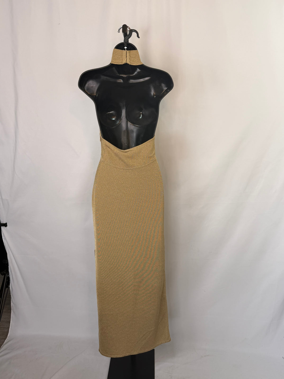 Herve Leger Gold Sparkle Halter-Turtleneck Open Back Midi Dress NWT