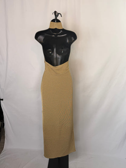 Herve Leger Gold Sparkle Halter-Turtleneck Open Back Midi Dress NWT